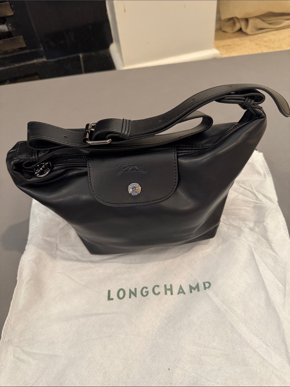 Longchamp Black Leather Le Pliage Cuir Shoulder Bag